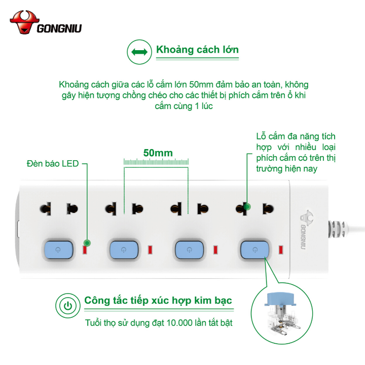 Ổ Cắm Điện Gongniu Đa Năng 4 Ổ 4 Công Tắc 2500W – V3040