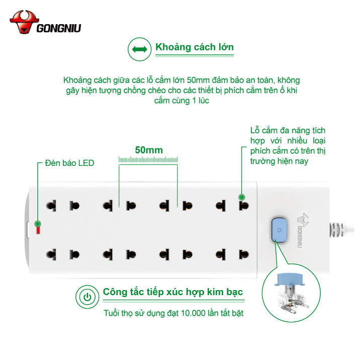 Ổ Cắm Gongniu Đa Năng 8 Ổ 1 Công Tắc 2500W – V1080