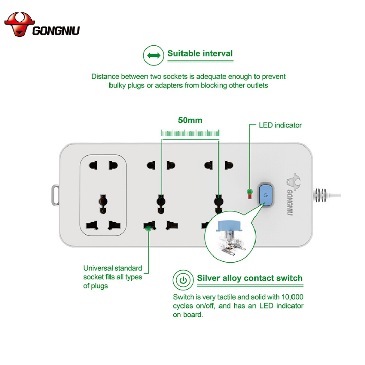 Ổ Cắm Điện Gongniu 6 Ổ Đa Năng 1 Công Tắc 2500W –  N1330