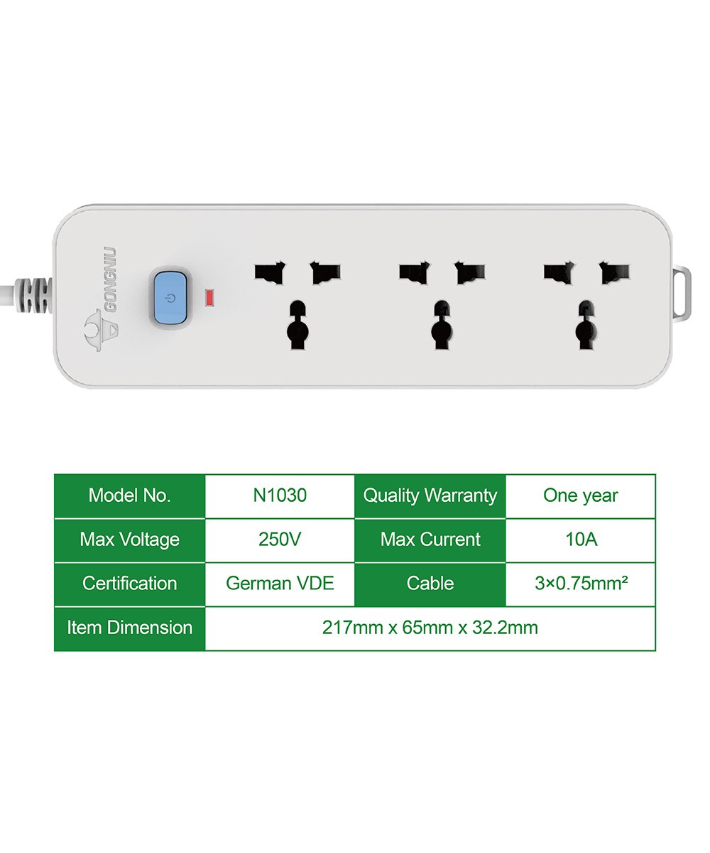Ổ Cắm Điện Gongniu 3 Ổ Đa Năng 1 Công Tắc 2500W – N1030