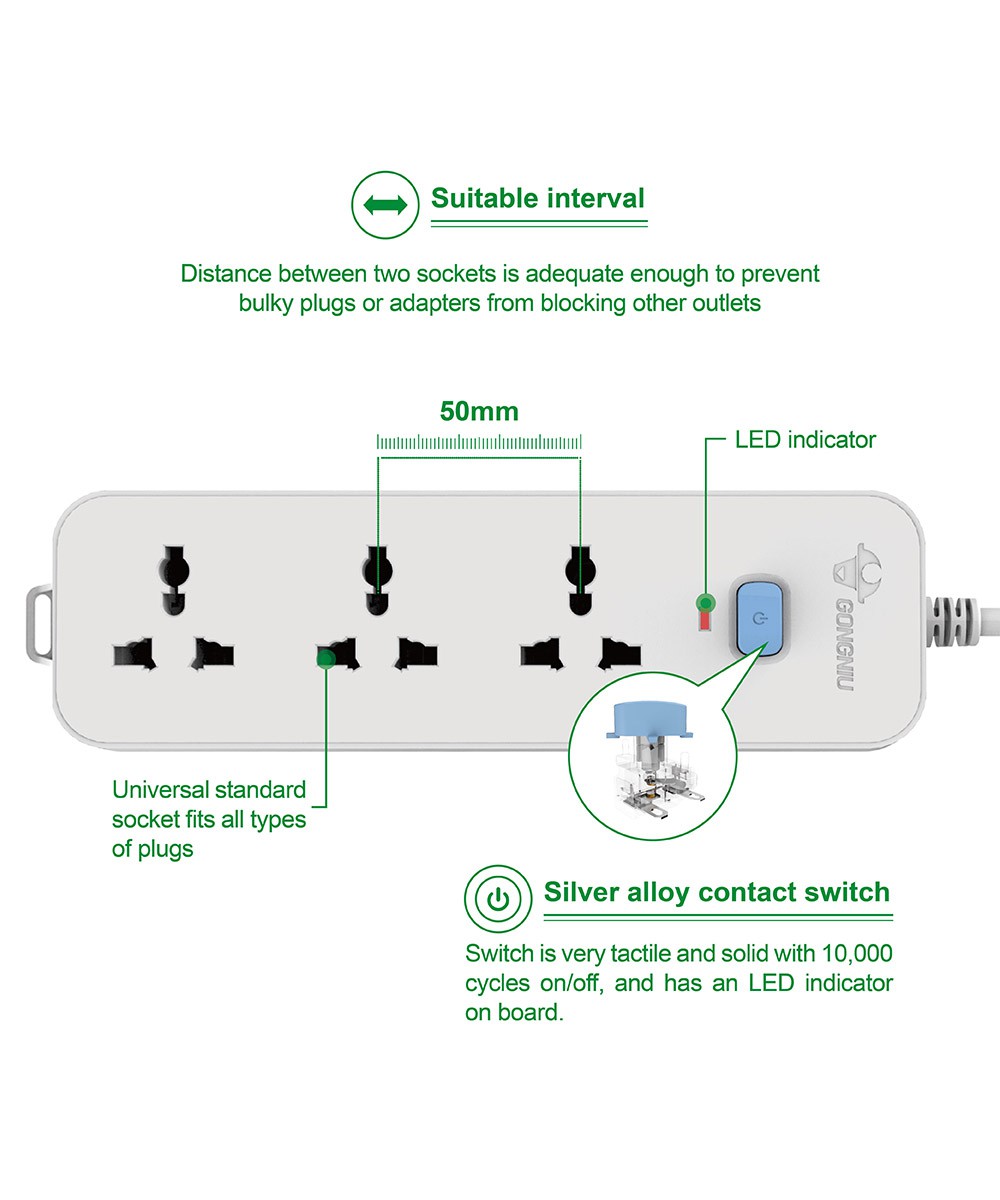 Ổ Cắm Điện Gongniu 3 Ổ Đa Năng 1 Công Tắc 2500W – N1030