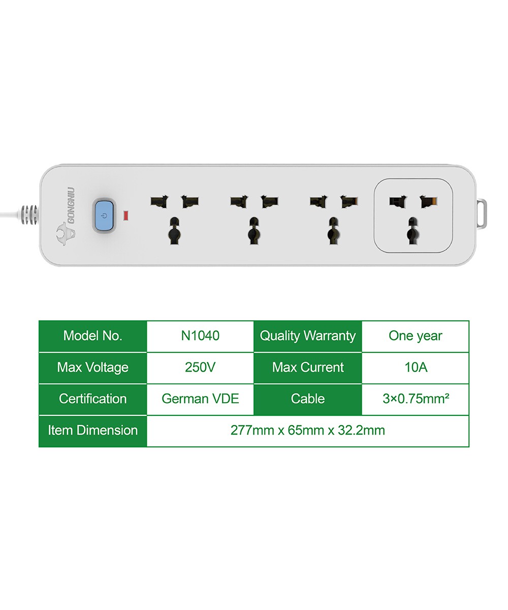 Ổ Cắm Điện Gongniu 4 Ổ Đa Năng 1 Công Tắc 2500W – N1040