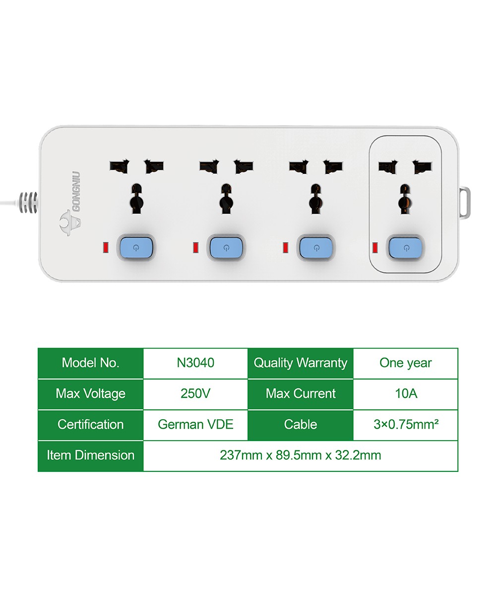Ổ cắm điện GONEO 4 ổ đa năng 4 công tắc – Công Suất 10A/250/2500W – Trắng – Chính Hãng – N3040