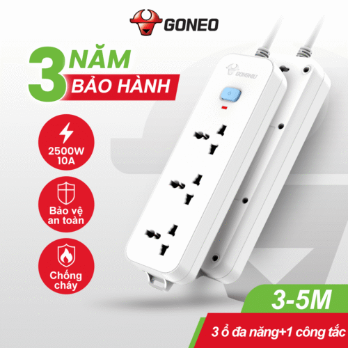 Ổ Cắm Điện GONEO N1030 – 3 Ổ Đa Năng 1 Công Tắc – Chống Cháy, Công Suất 2500W – Chính Hãng