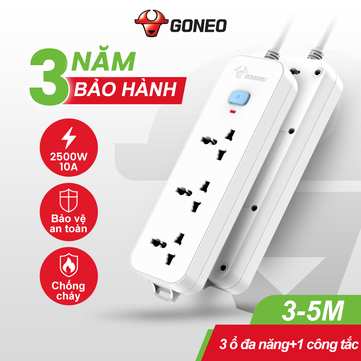 Ổ Cắm Điện GONEO N1030 – 3 Ổ Đa Năng 1 Công Tắc – Chống Cháy, Công Suất 2500W – Chính Hãng