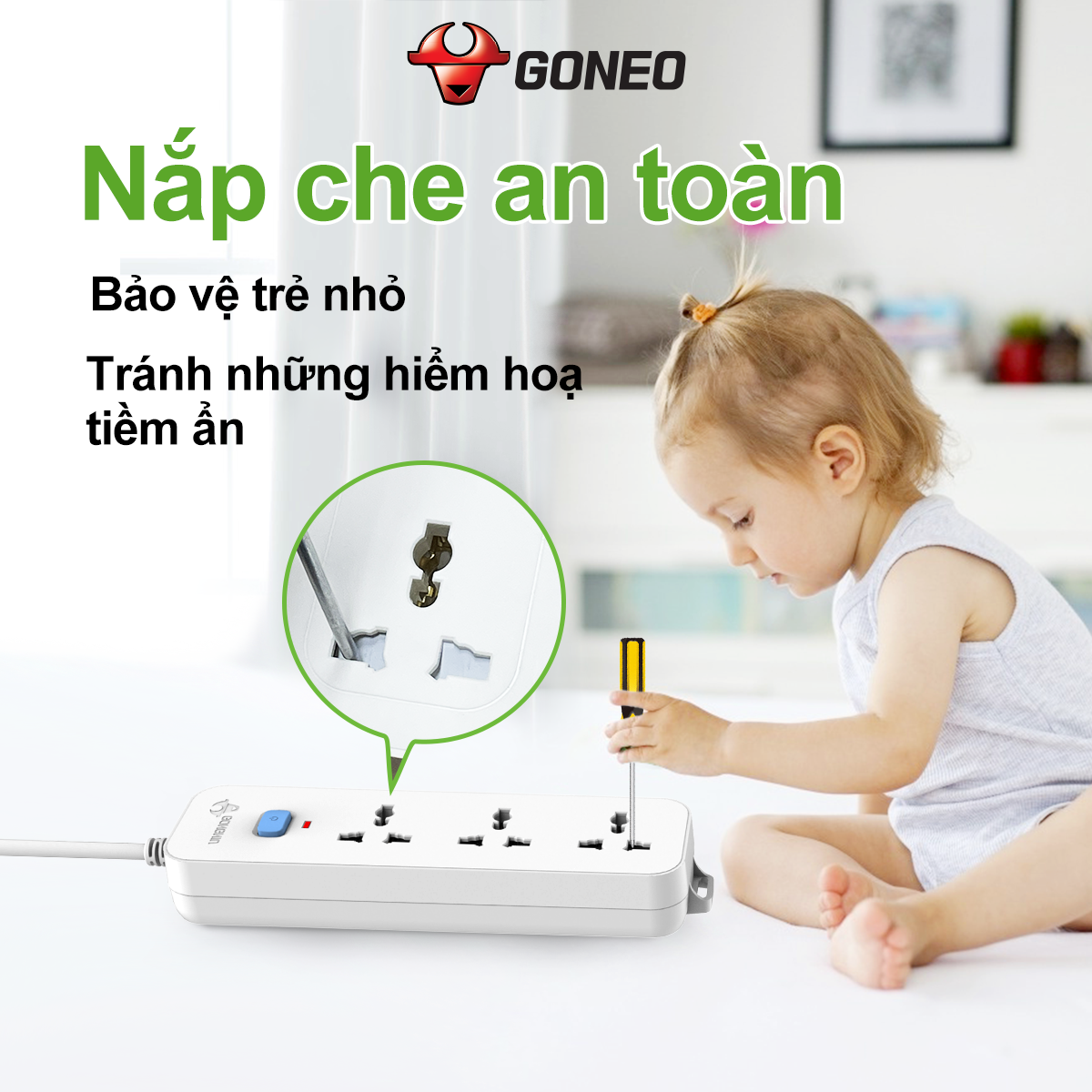 Ổ Cắm Điện GONEO N1030 – 3 Ổ Đa Năng 1 Công Tắc – Chống Cháy, Công Suất 2500W – Chính Hãng