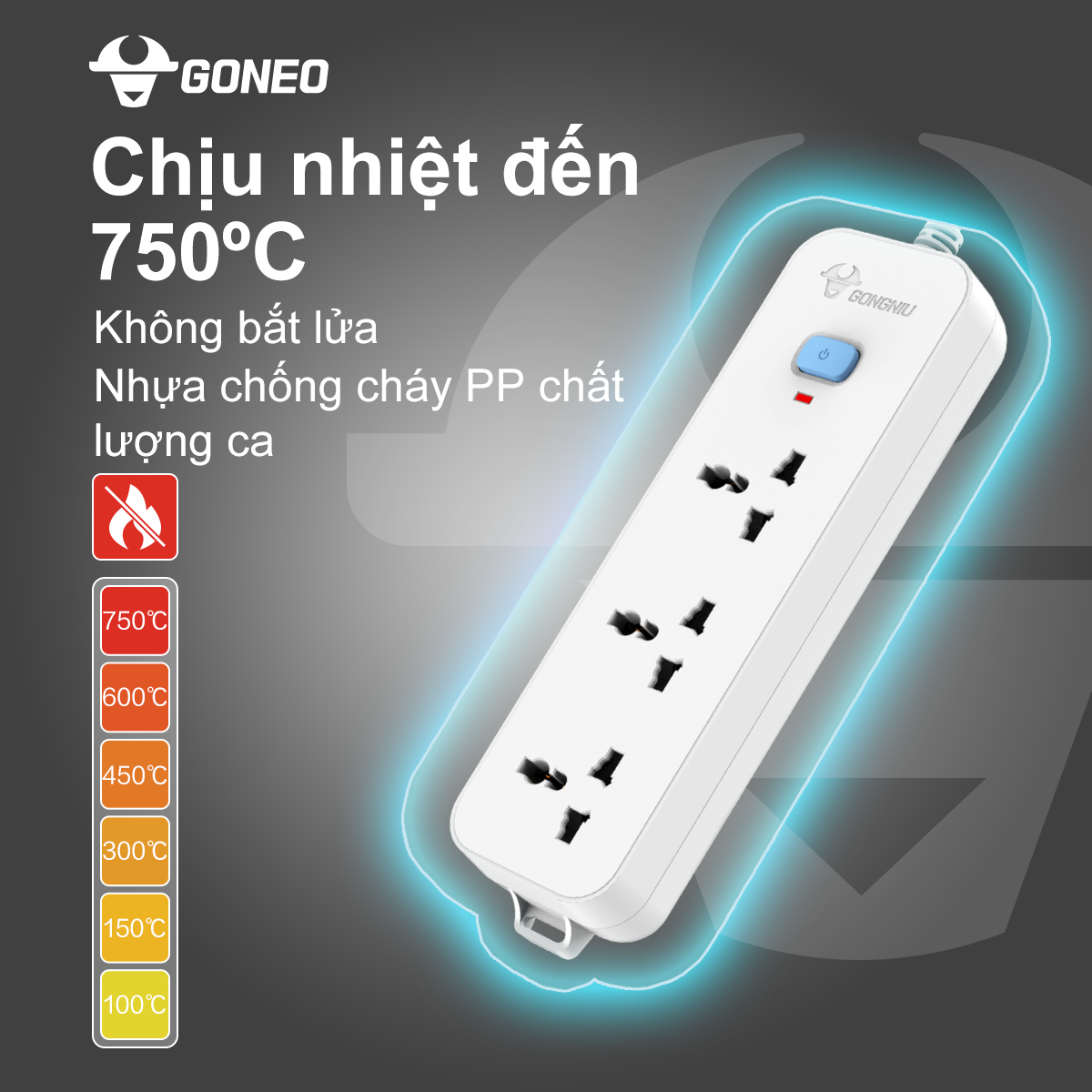 Ổ Cắm Điện GONEO N1030 – 3 Ổ Đa Năng 1 Công Tắc – Chống Cháy, Công Suất 2500W – Chính Hãng