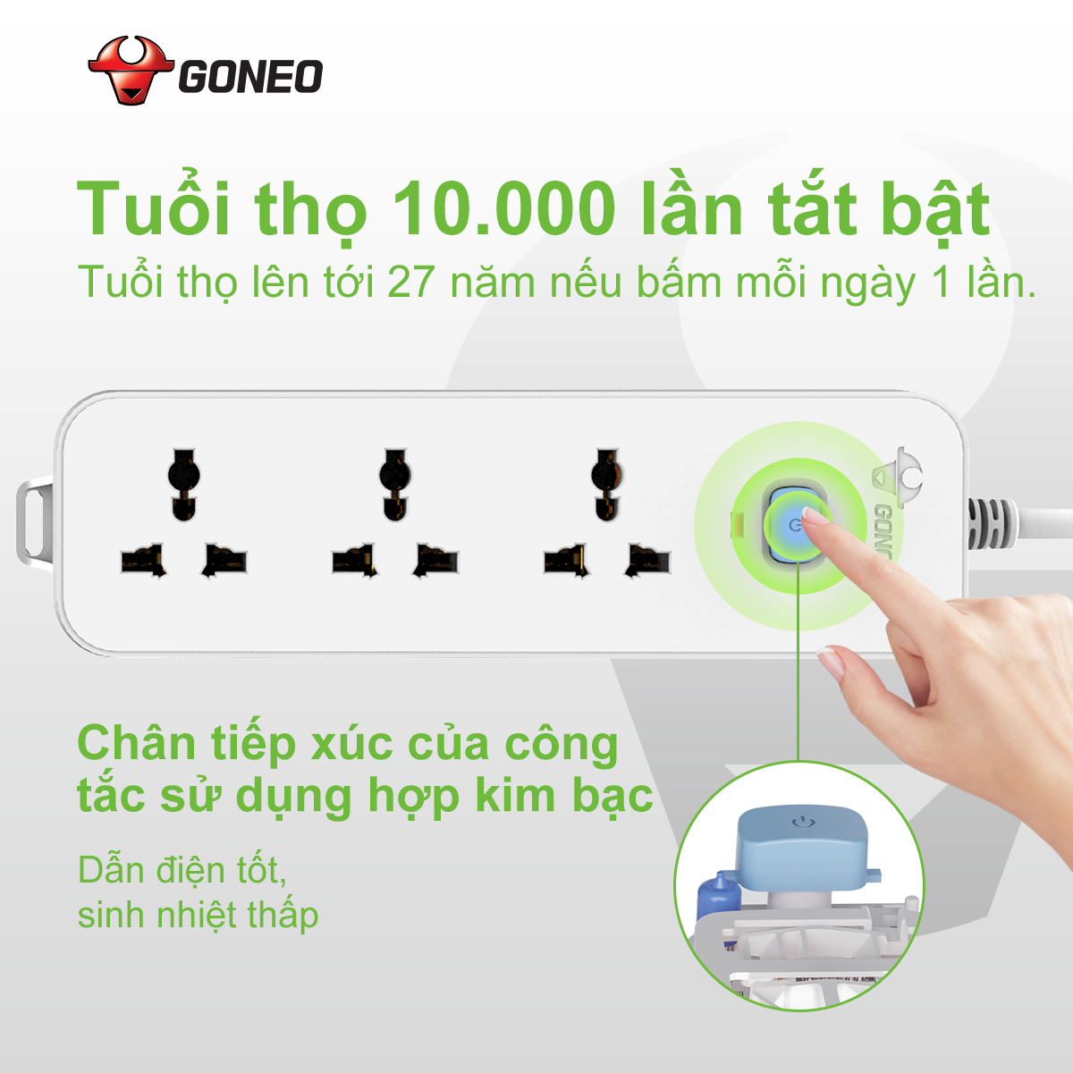 Ổ Cắm Điện GONEO N1030 – 3 Ổ Đa Năng 1 Công Tắc – Chống Cháy, Công Suất 2500W – Chính Hãng