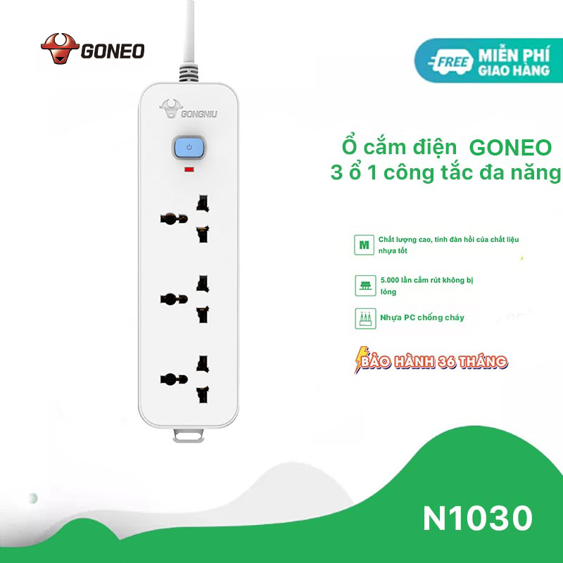 Ổ Cắm Điện GONEO N1030 – 3 Ổ Đa Năng 1 Công Tắc – Chống Cháy, Công Suất 2500W – Chính Hãng