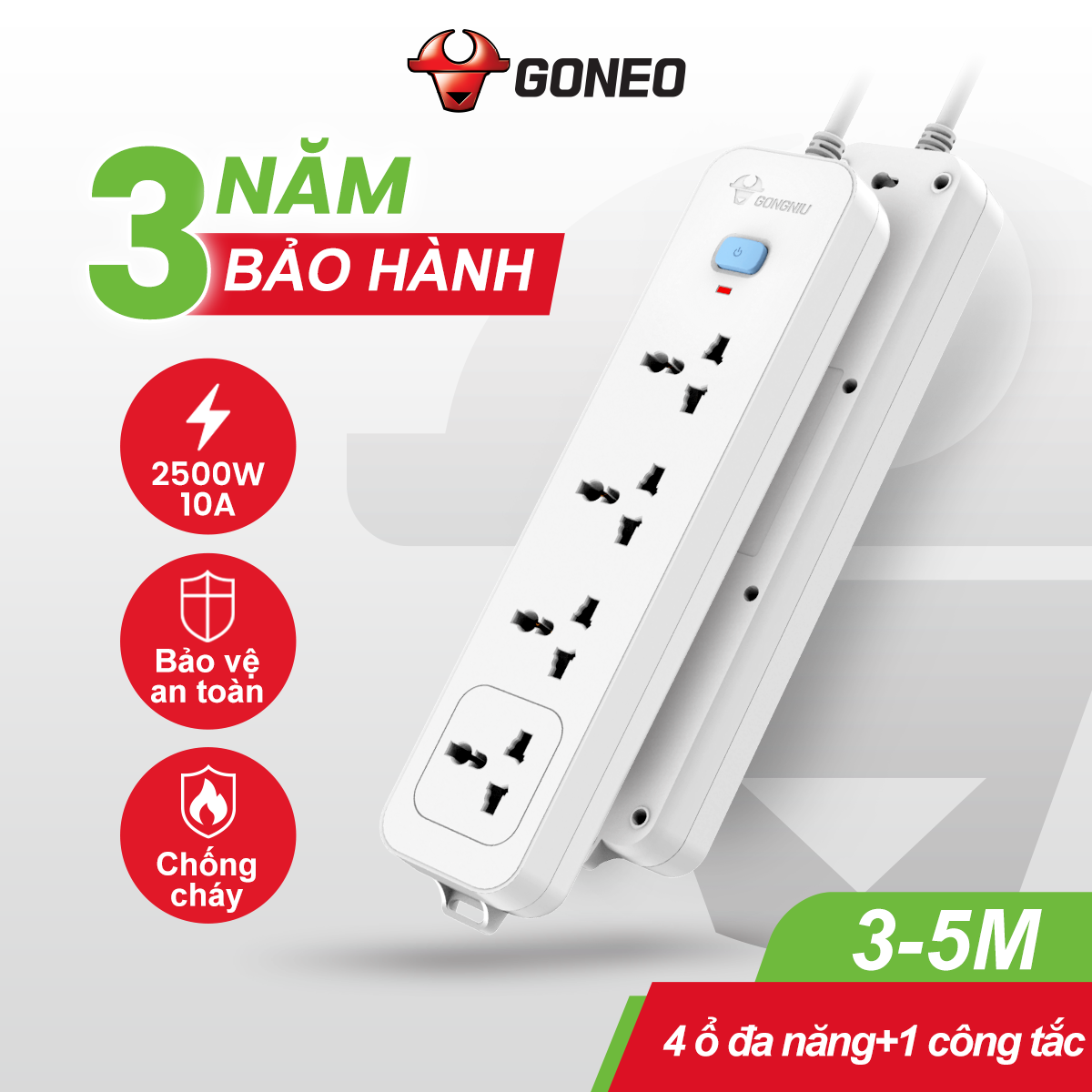 Ổ Cắm Điện GONEO N1040 – 4 Ổ Đa Năng 1 Công Tắc – Chống Cháy, Công Suất 2500W – Chính Hãng