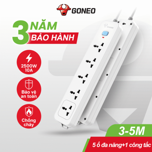 Ổ Cắm Điện Chống Cháy GONEO 5 Ổ Đa Năng 1 Công Tắc – N1050/250V/2500W – Chính Hãng GONEO