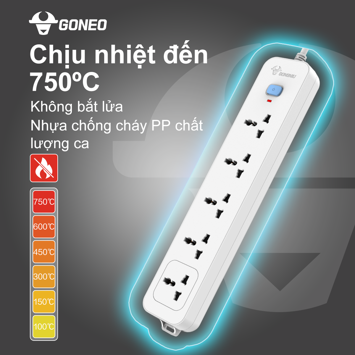 Ổ Cắm Điện Chống Cháy GONEO 5 Ổ Đa Năng 1 Công Tắc – N1050/250V/2500W – Chính Hãng GONEO