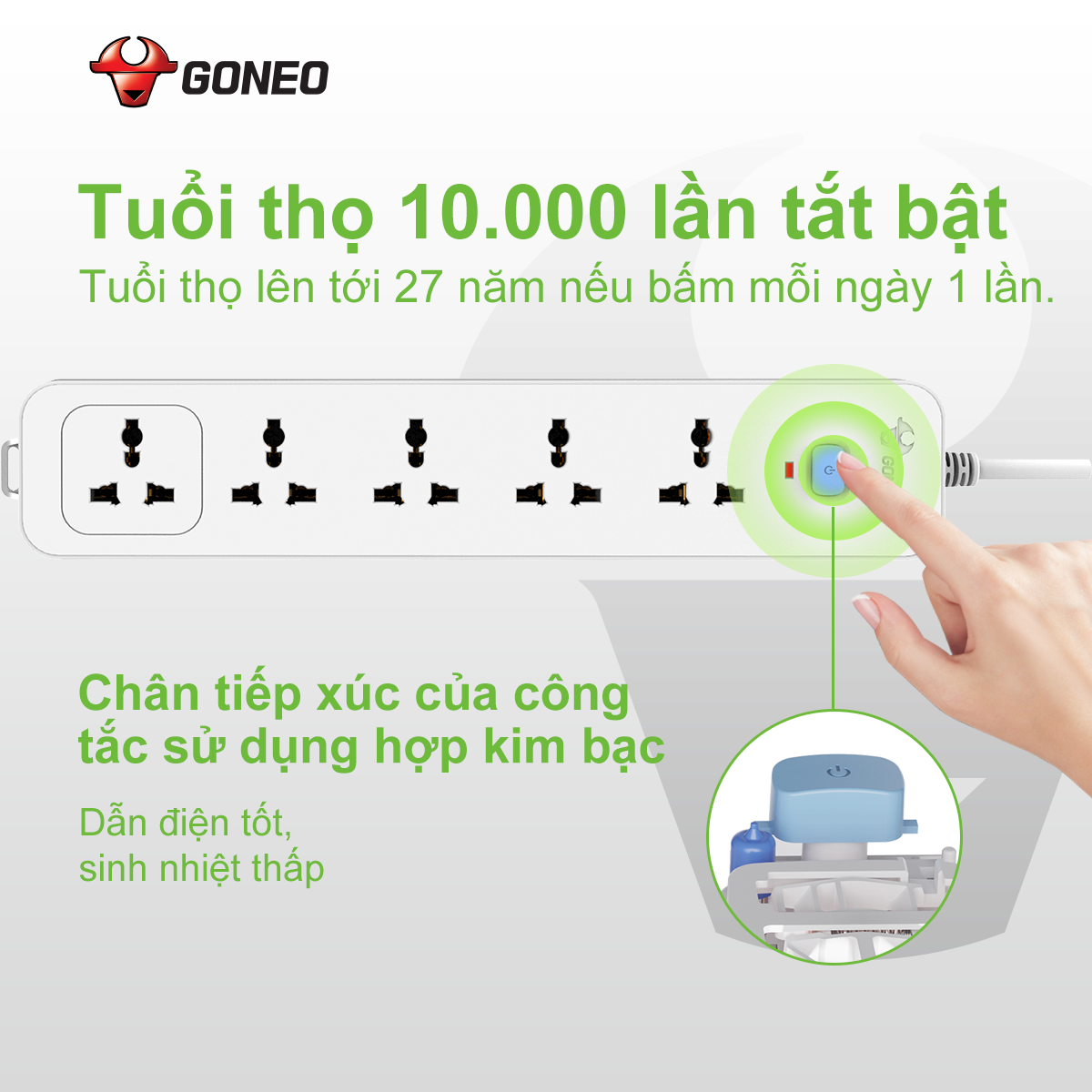 Ổ Cắm Điện Chống Cháy GONEO 5 Ổ Đa Năng 1 Công Tắc – N1050/250V/2500W – Chính Hãng GONEO