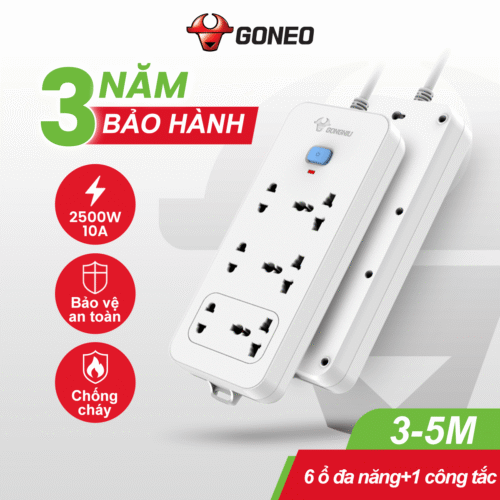 Ổ Cắm Điện GONEO 6 Ổ Đa Năng 1 Công Tắc N1330 – Dài 3m/5m – Chính Hãng – 2500W