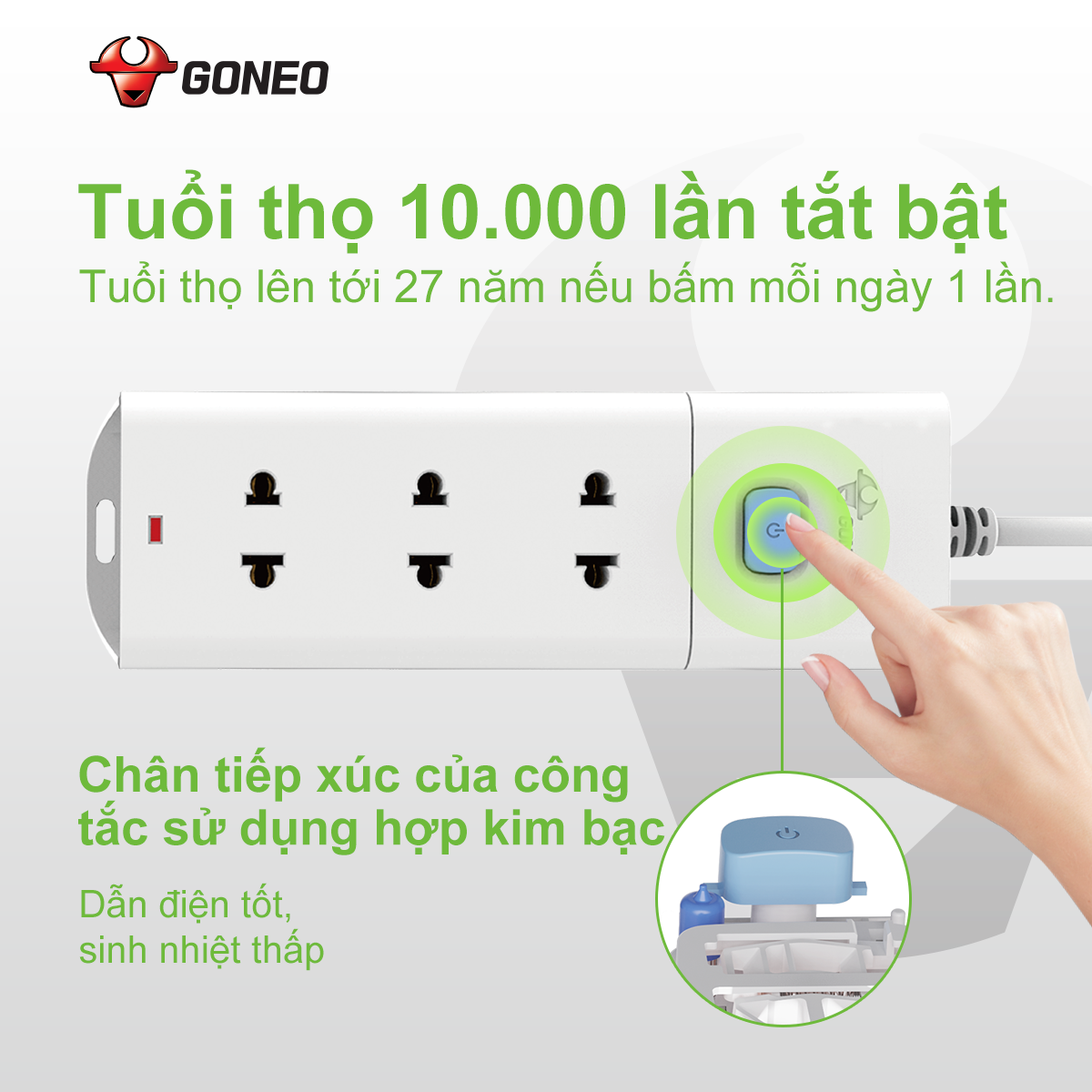 Ổ Cắm Điện Chống Cháy GONEO Đa Năng 3 Ổ 1 Công Tắc 2500W – V1030 – An Toàn – Chống Cháy