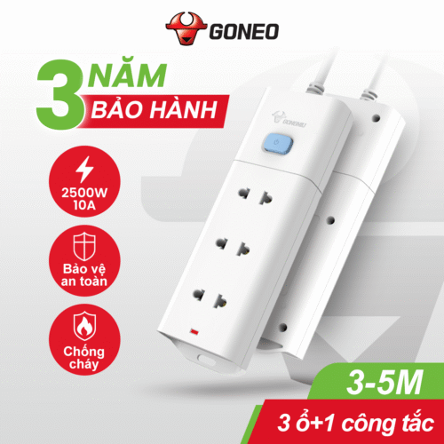 Ổ Cắm Điện Chống Cháy GONEO Đa Năng 3 Ổ 1 Công Tắc 2500W – V1030 – An Toàn – Chống Cháy