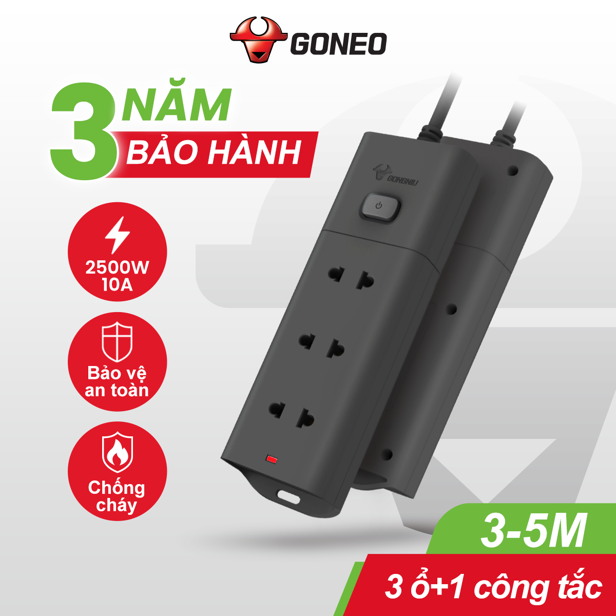 Ổ Cắm Điện Chống Cháy GONEO Đa Năng 3 Ổ 1 Công Tắc 2500W – V1030 – An Toàn – Chống Cháy
