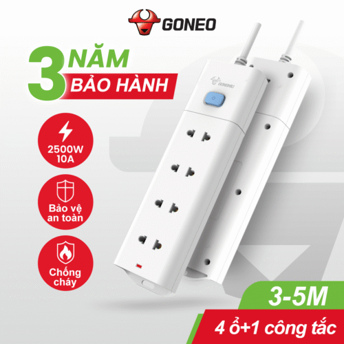 Ổ Cắm Điện Chống Cháy GONEO Đa Năng 4 Ổ 1 Công Tắc 2500W – V1040 – Chính Hãng – Chống Cháy