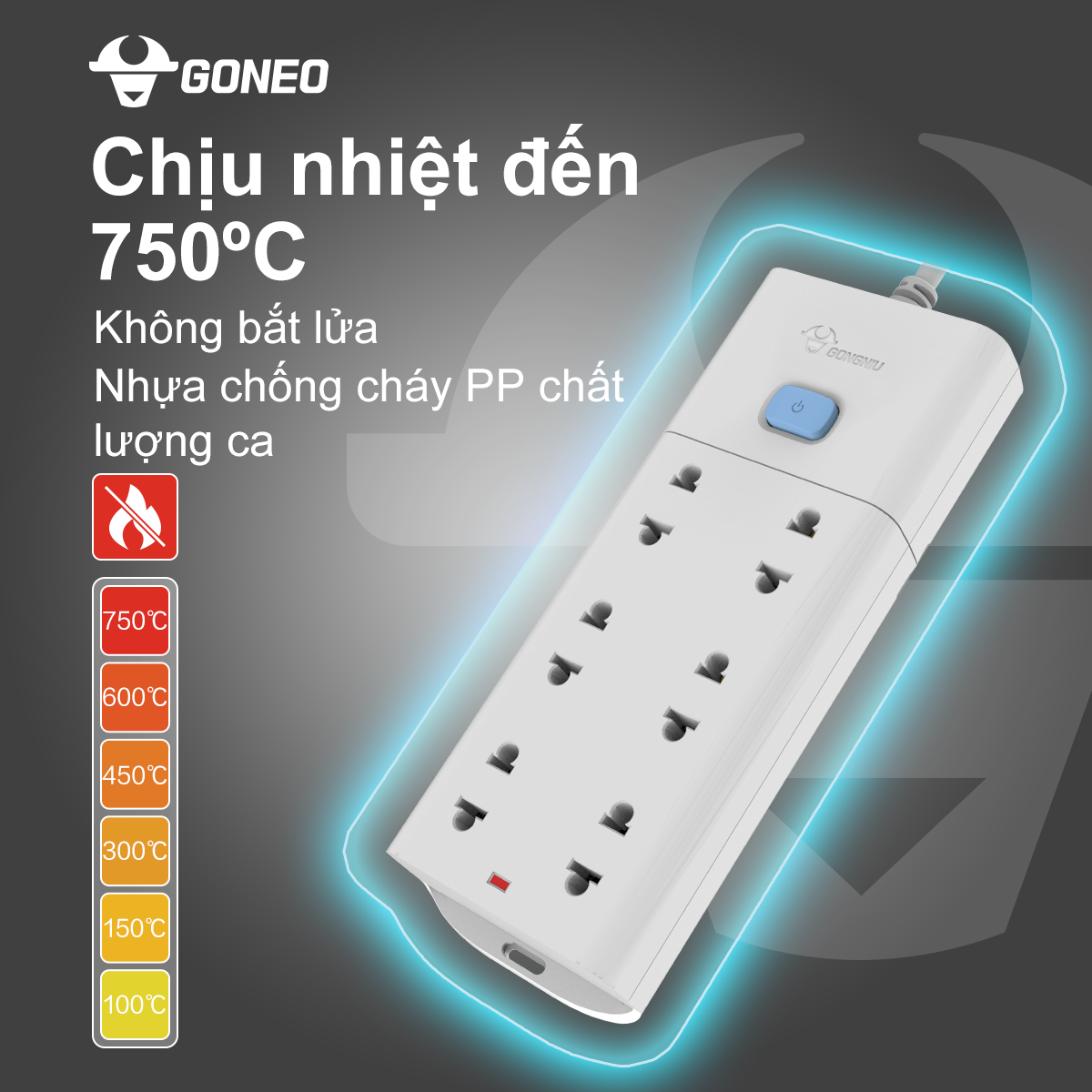 Ổ Cắm Chống Cháy GONEO Đa Năng 8 Ổ 1 Công Tắc 2500W – V1080