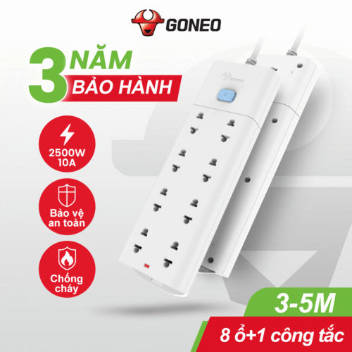 Ổ Cắm Chống Cháy GONEO Đa Năng 8 Ổ 1 Công Tắc 2500W – V1080