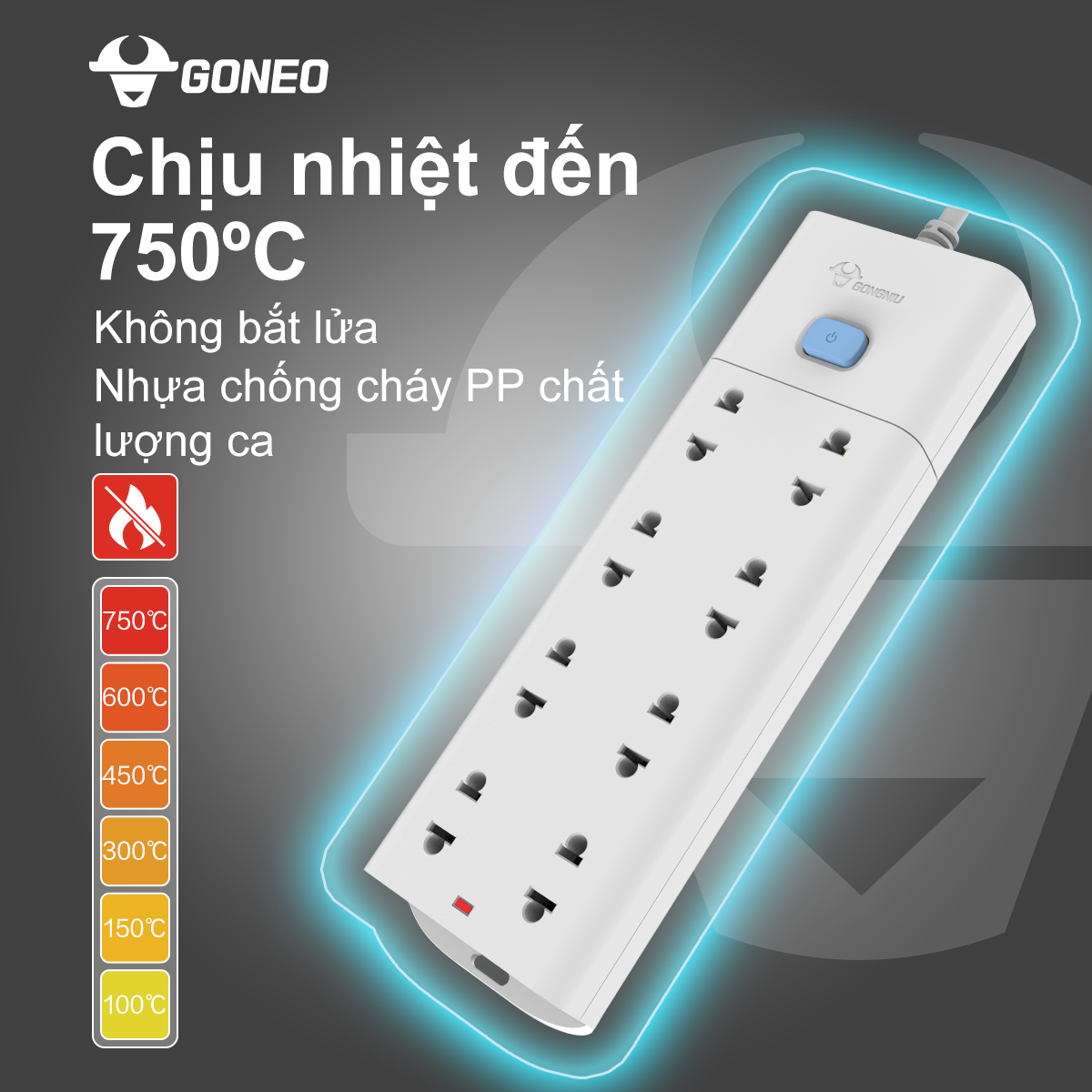 Ổ Cắm Chống Cháy GONEO Đa Năng 8 Ổ 1 Công Tắc 2500W – V1080