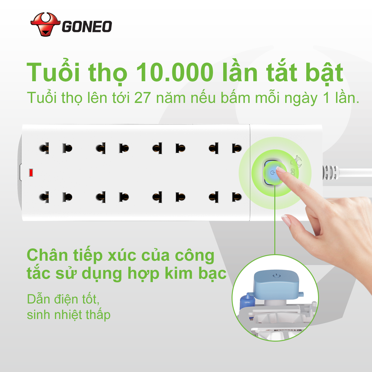 Ổ Cắm Chống Cháy GONEO Đa Năng 8 Ổ 1 Công Tắc 2500W – V1080