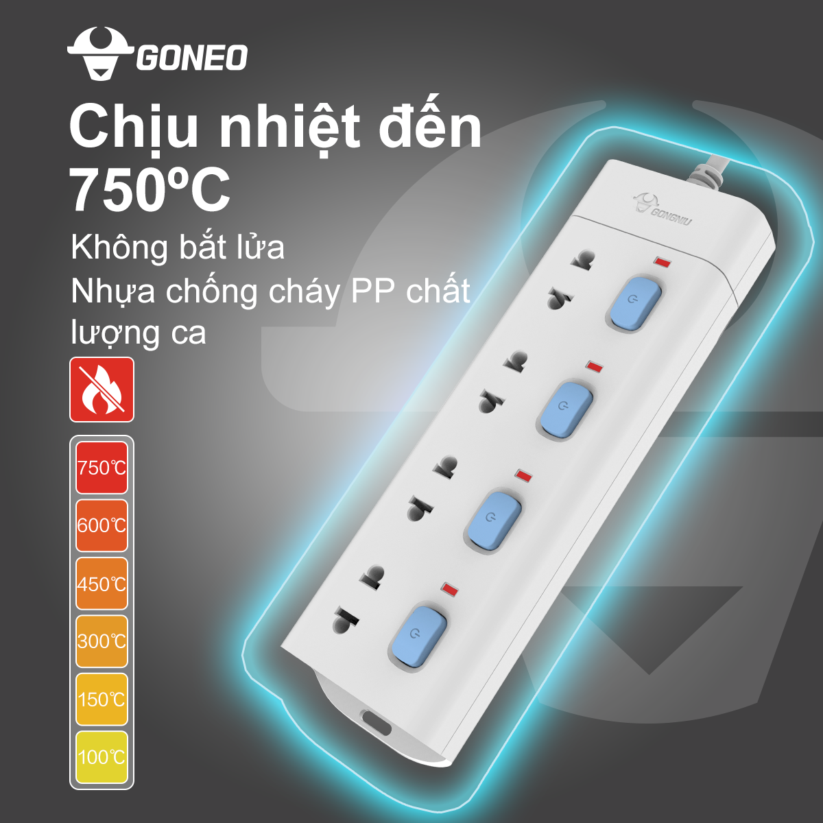 Ổ Cắm Điện Chống Cháy GONEO Đa Năng 4 Ổ 4 Công Tắc 2500W – V3040 – Chính Hãng – An Toàn – Chống Cháy
