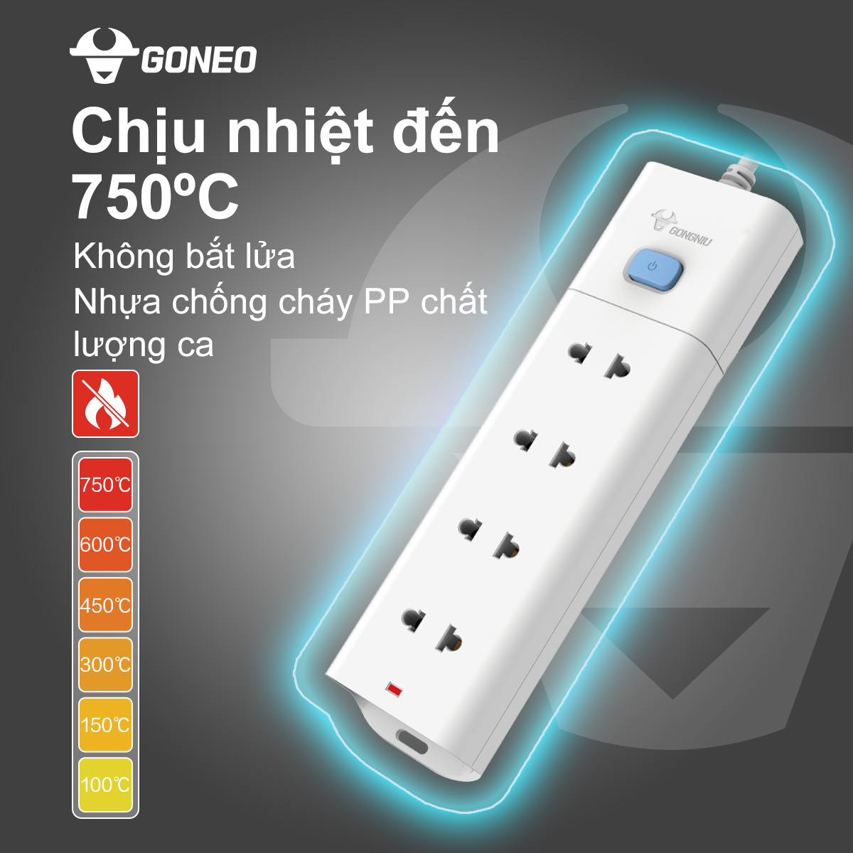 Ổ Cắm Điện Chống Cháy GONEO Đa Năng 4 Ổ 1 Công Tắc 2500W – V1040 – Chính Hãng – Chống Cháy