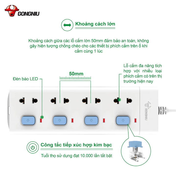 Ổ Cắm Điện Chống Cháy GONEO Đa Năng 4 Ổ 4 Công Tắc 2500W – V3040 – Chính Hãng – An Toàn – Chống Cháy