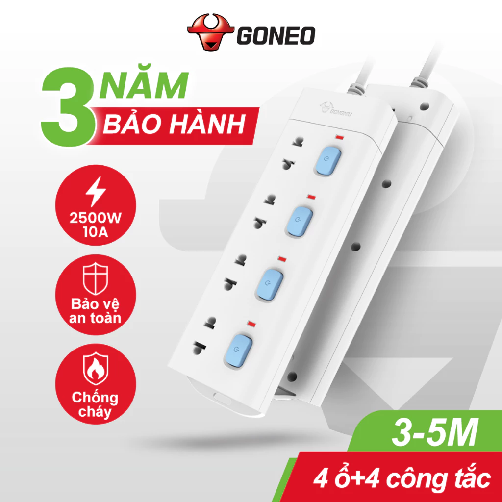 Ổ Cắm Điện Chống Cháy GONEO Đa Năng 4 Ổ 4 Công Tắc 2500W – V3040 – Chính Hãng – An Toàn – Chống Cháy