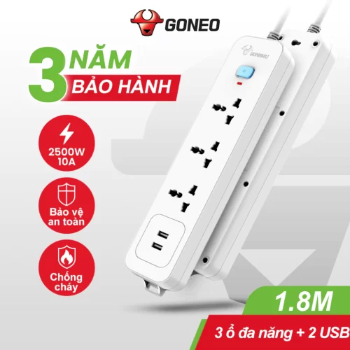 Ổ Cắm Điện GONEO 3 Ổ Đa Năng + 2 USB 1 Công Tắc – Dây Dài 1.8M | Công Suất 2500W – Chính Hãng GONEO Việt Nam