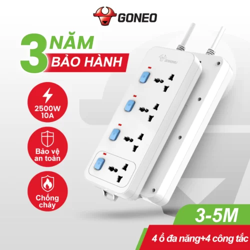 Ổ cắm điện GONEO 4 ổ đa năng 4 công tắc – Công Suất 10A/250/2500W – Trắng – Chính Hãng – N3040