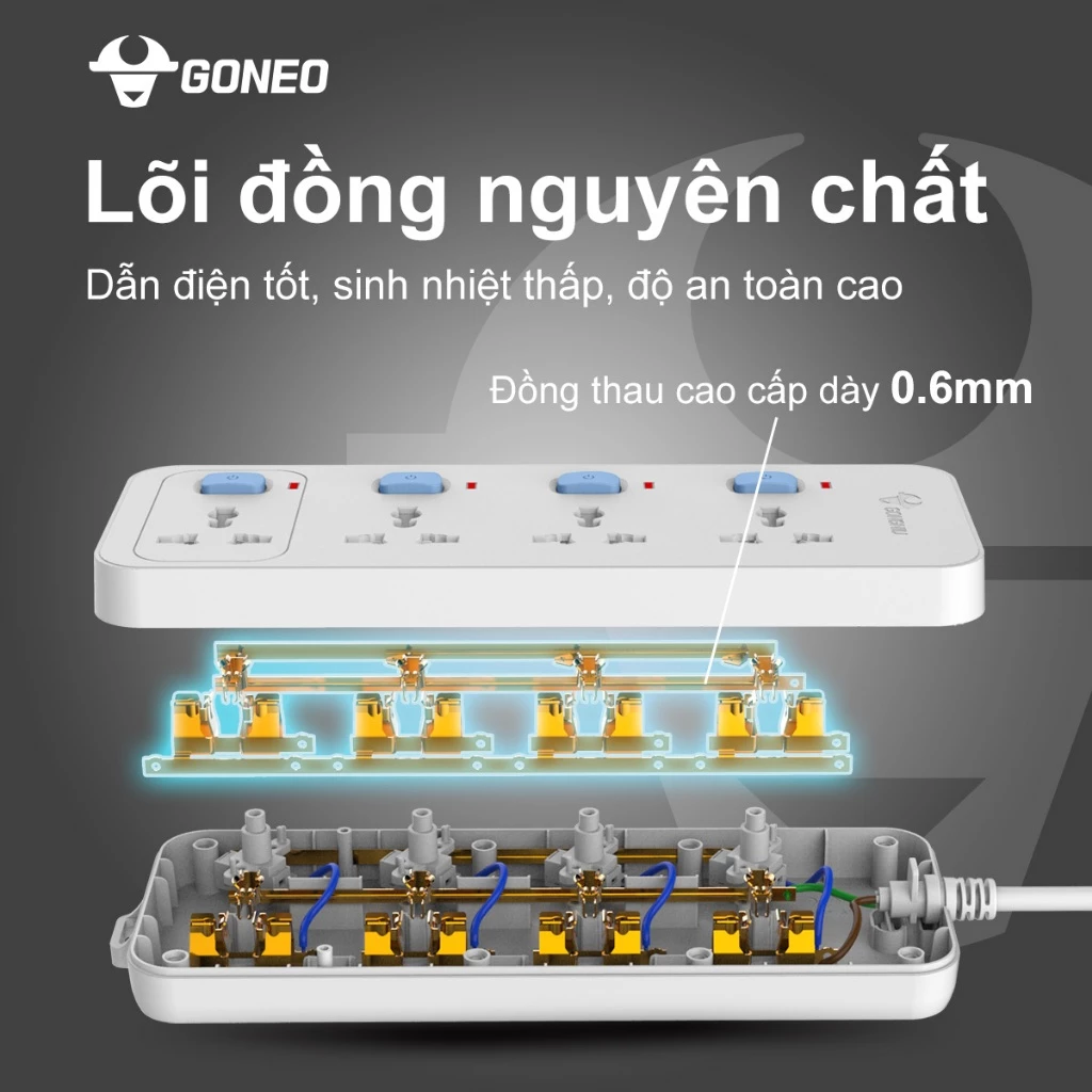 Ổ cắm điện GONEO 4 ổ đa năng 4 công tắc – Công Suất 10A/250/2500W – Trắng – Chính Hãng – N3040