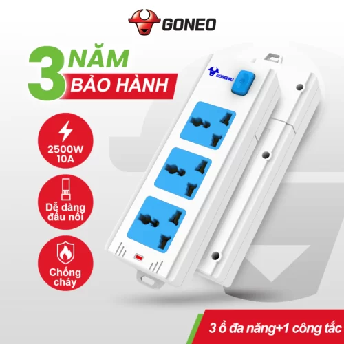Ổ Cắm Điện GONEO 413K – 3 Ổ Đa Năng 1 Công Tắc- Chống Cháy – An Toàn