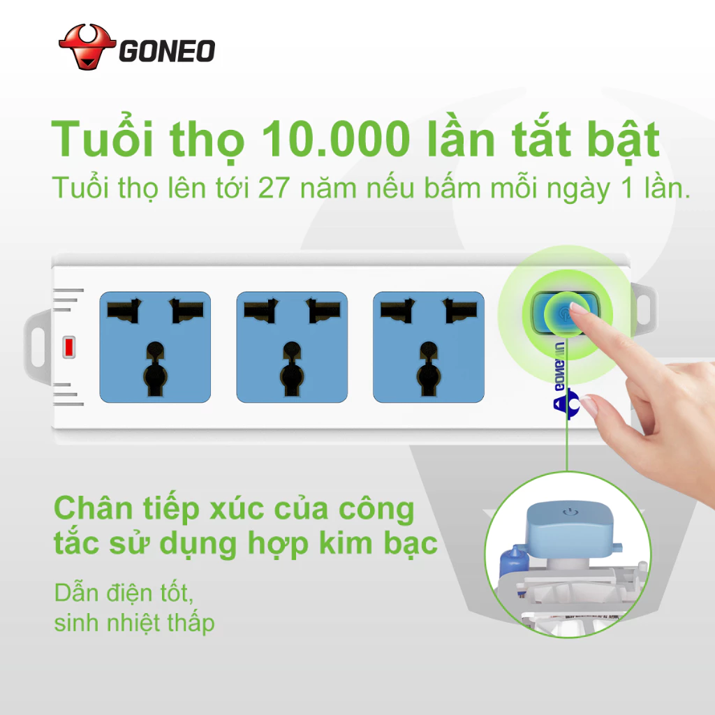 Ổ Cắm Điện GONEO 413K – 3 Ổ Đa Năng 1 Công Tắc- Chống Cháy – An Toàn