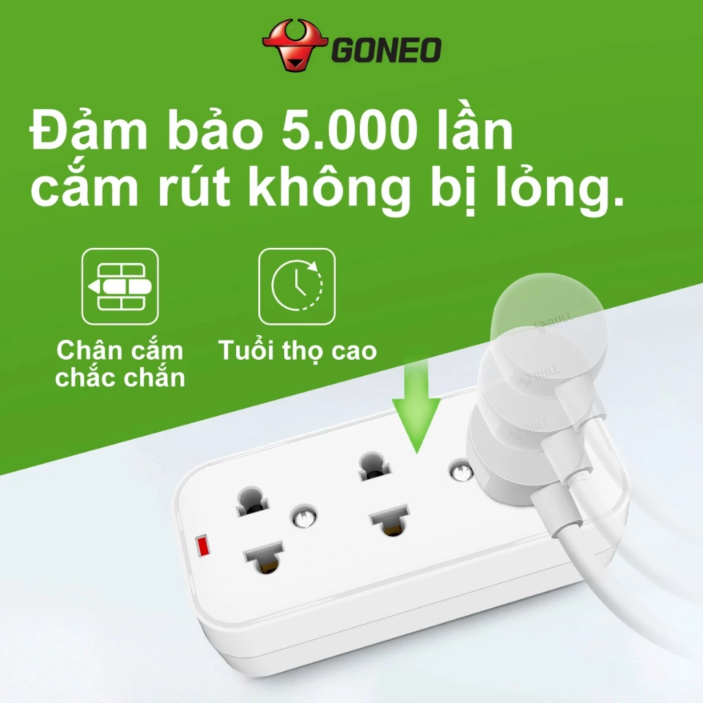 Ổ Cắm Điện Chống Cháy Mini GONEO 3 Ổ Không Kèm Dây 2500W – Trắng – Chính Hãng – 103