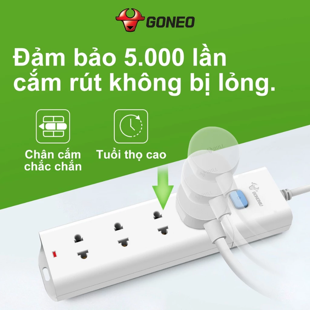 Ổ Cắm Điện Chống Cháy GONEO Đa Năng 4 Ổ 1 Công Tắc 2500W – V1040 – Chính Hãng – Chống Cháy