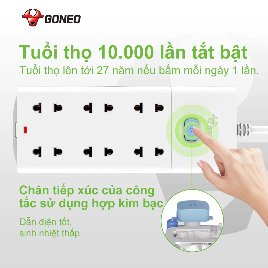 Ổ Cắm Điện Chống Cháy GONEO Đa Năng 6 Ổ 1 Công Tắc 2500W – V1060 – Chính Hãng – An Toàn – Tiện Lợi