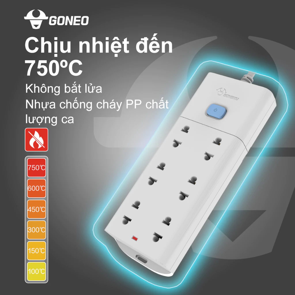 Ổ Cắm Điện Chống Cháy GONEO Đa Năng 6 Ổ 1 Công Tắc 2500W – V1060 – Chính Hãng – An Toàn – Tiện Lợi