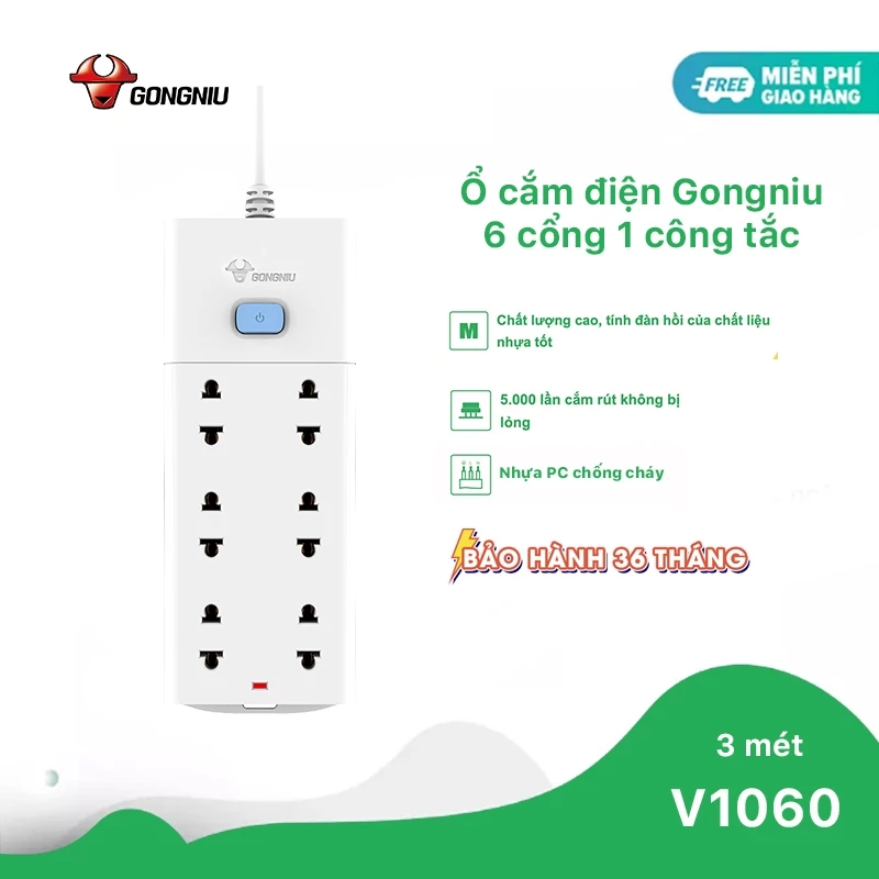 Ổ Cắm Điện Chống Cháy GONEO Đa Năng 6 Ổ 1 Công Tắc 2500W – V1060 – Chính Hãng – An Toàn – Tiện Lợi