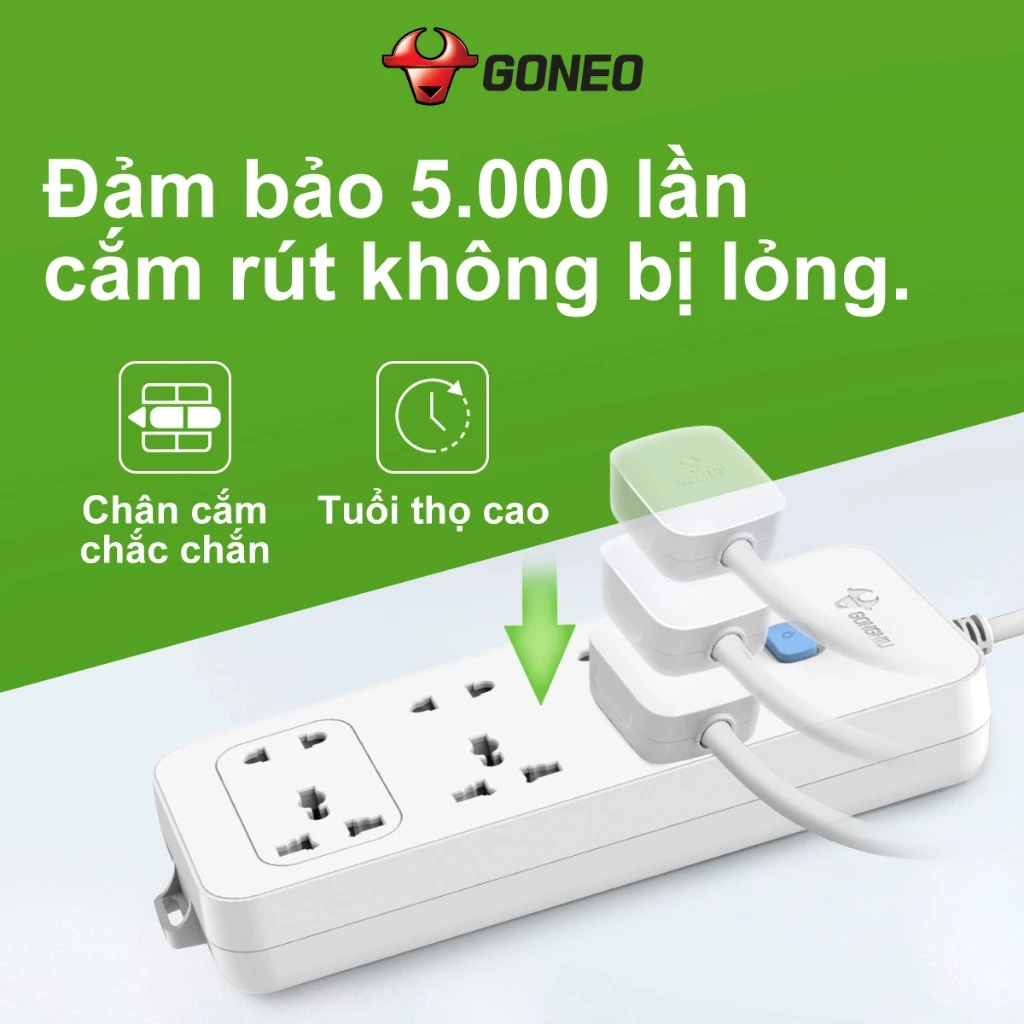 Ổ Cắm Điện GONEO 6 Ổ Đa Năng 1 Công Tắc N1330 – Dài 3m/5m – Chính Hãng – 2500W