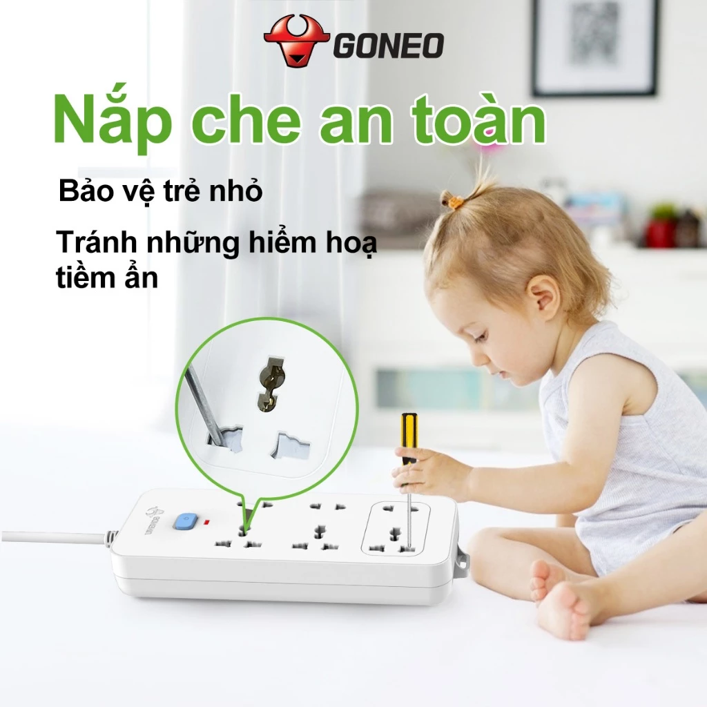 Ổ Cắm Điện GONEO 6 Ổ Đa Năng 1 Công Tắc N1330 – Dài 3m/5m – Chính Hãng – 2500W