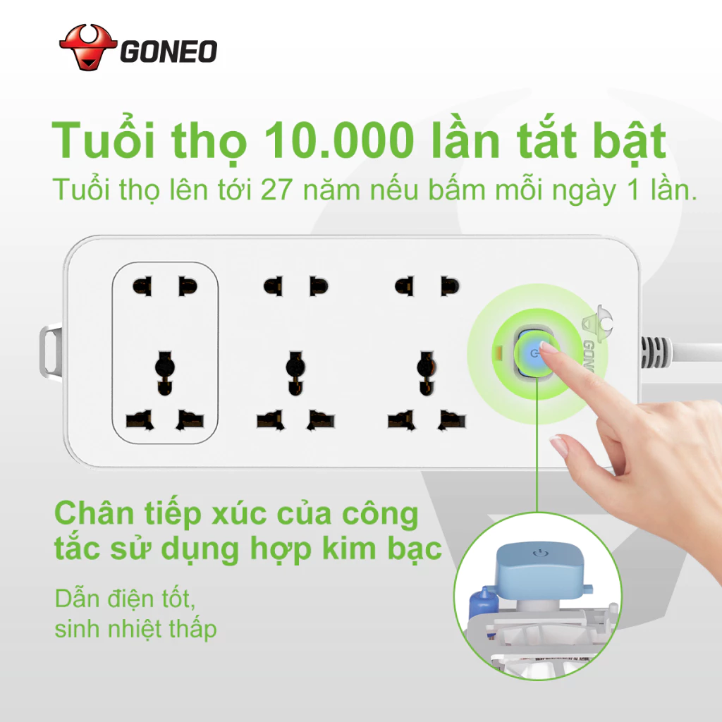 Ổ Cắm Điện GONEO 6 Ổ Đa Năng 1 Công Tắc N1330 – Dài 3m/5m – Chính Hãng – 2500W