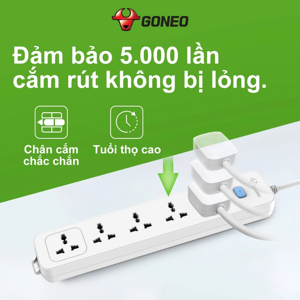 Ổ Cắm Điện Chống Cháy GONEO 5 Ổ Đa Năng 1 Công Tắc – N1050/250V/2500W – Chính Hãng GONEO
