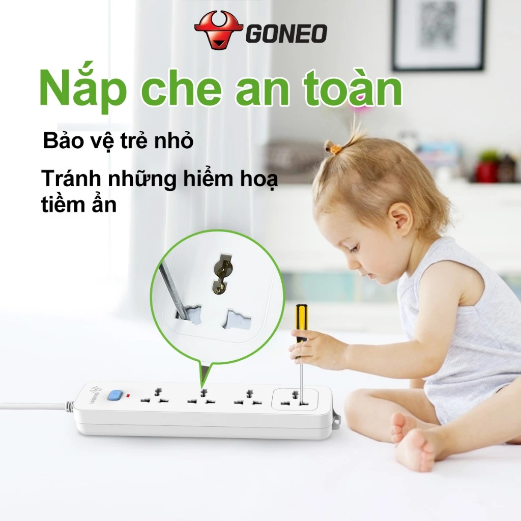 Ổ Cắm Điện GONEO N1040 – 4 Ổ Đa Năng 1 Công Tắc – Chống Cháy, Công Suất 2500W – Chính Hãng