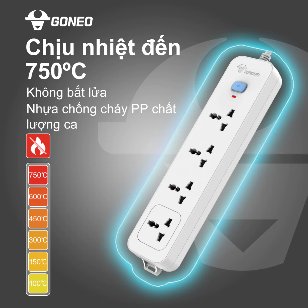Ổ Cắm Điện GONEO N1040 – 4 Ổ Đa Năng 1 Công Tắc – Chống Cháy, Công Suất 2500W – Chính Hãng