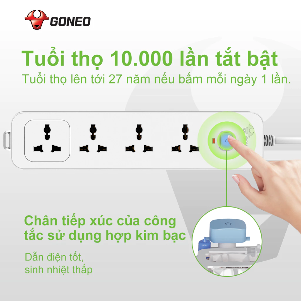 Ổ Cắm Điện GONEO N1040 – 4 Ổ Đa Năng 1 Công Tắc – Chống Cháy, Công Suất 2500W – Chính Hãng