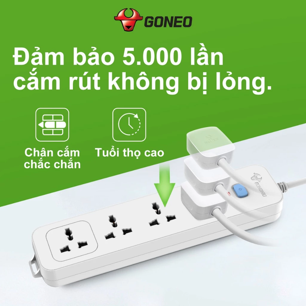 Ổ Cắm Điện GONEO N1040 – 4 Ổ Đa Năng 1 Công Tắc – Chống Cháy, Công Suất 2500W – Chính Hãng