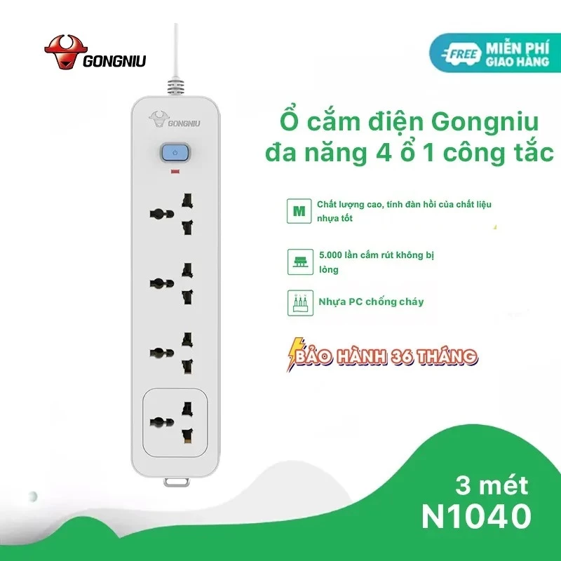 Ổ Cắm Điện GONEO N1040 – 4 Ổ Đa Năng 1 Công Tắc – Chống Cháy, Công Suất 2500W – Chính Hãng