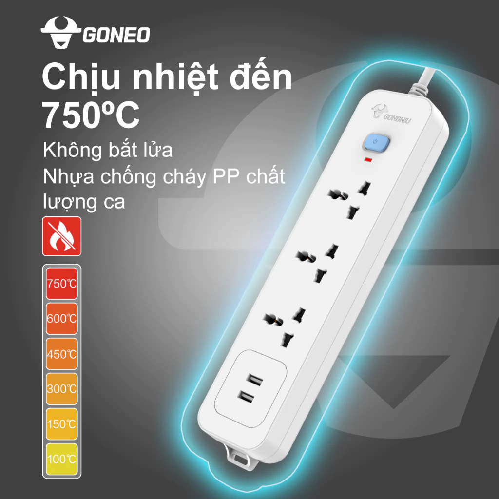 Ổ Cắm Điện GONEO 3 Ổ Đa Năng + 2 USB 1 Công Tắc – Dây Dài 1.8M | Công Suất 2500W – Chính Hãng GONEO Việt Nam